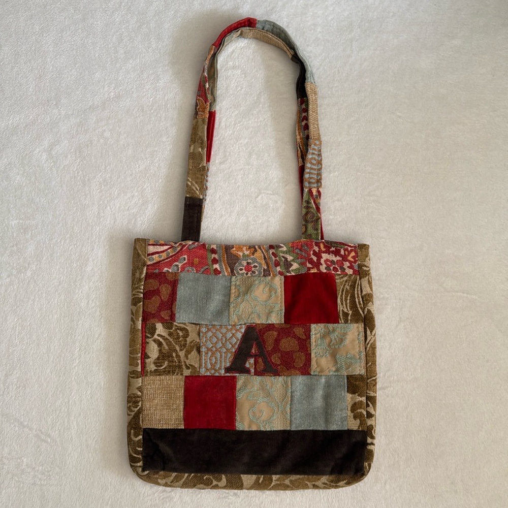 Vintage Boho Patchwork Monogram "A" Tote Bag Handcrafted Multi-Texture OOAK